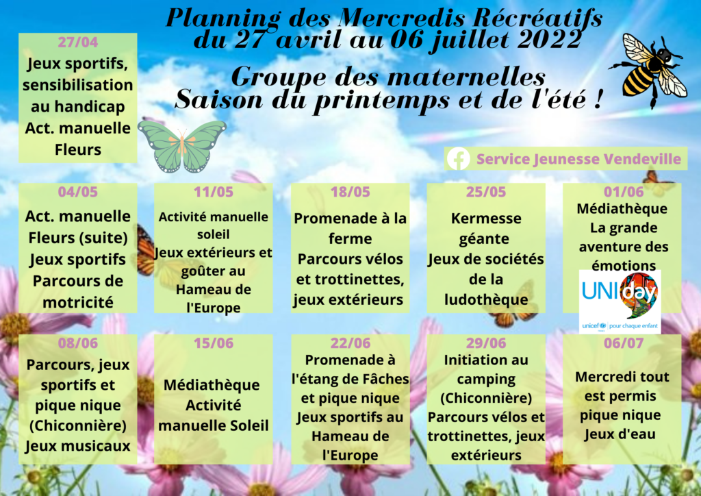 Planning de l'Accueil du Mercredi du 27 avril au 6 juillet 2022 | Maternelle