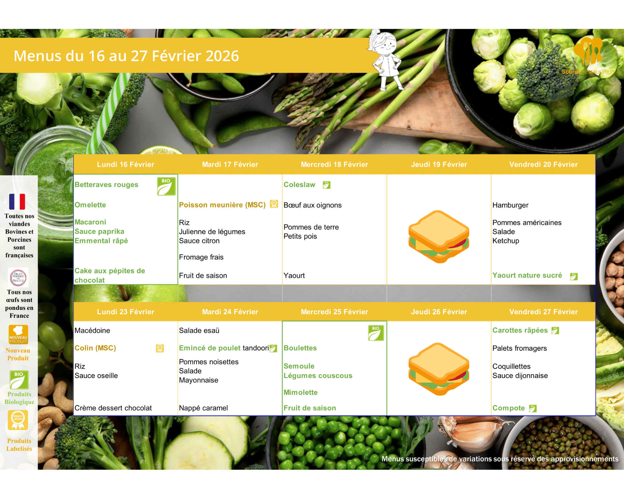 Menus de cantine du 7 juillet au 23 août 2024