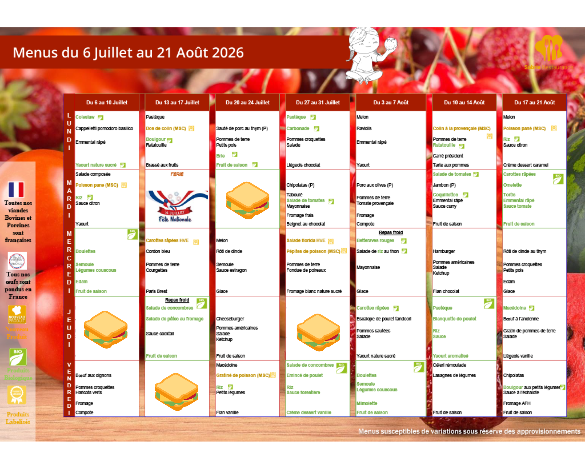 Menus de cantine du 7 juillet au 23 août 2024